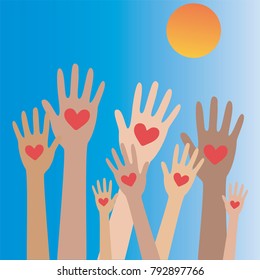 Hands and heart donation donor concept.Hands reaching for sun.Vector illustration