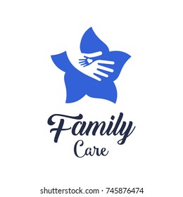 Hands with heart in flower logo design. Symbol of family care. Logo sign health care
