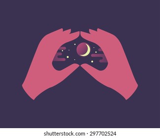 Hands in heart form with moon. Abstract illustration.