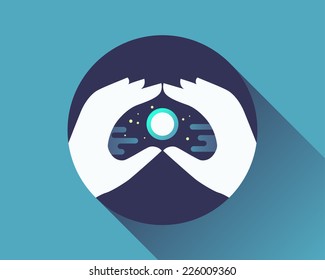 Hands in heart form with moon, clouds and stars. Abstract icon.