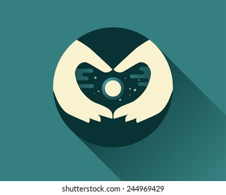 Hands in heart form with moon, clouds and stars. Abstract icon.