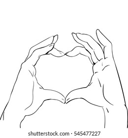 Hands in heart form, sketch black and white vector illustration Heart shape hand gesture isolated on white