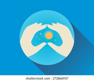 Hands in heart form with sun. Abstract illustration in round shape.