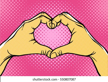 Hands in heart form,retro style pop art