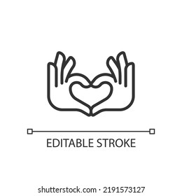 Hands heart gesture pixel perfect linear icon. Showing affection and love. Romantic relationship. Thin line illustration. Contour symbol. Vector outline drawing. Editable stroke. Arial font used