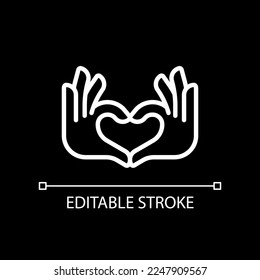 Hands heart gesture pixel perfect white linear icon for dark theme. Showing affection and love. Romance. Thin line illustration. Isolated symbol for night mode. Editable stroke. Arial font used