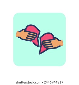 Icono de línea delgada de manos con mitades de corazón. Amor, romance, reparación de la señal de contorno. Concepto de amistad y amor. Ilustración vectorial para Diseños web y App