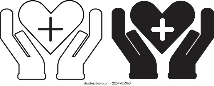 Hands with a heart and health charity  icon simple trendy flat style line and solid Isolated vector illustration on white background. For apps, logo, websites, symbol , UI, UX, graphic and web design.