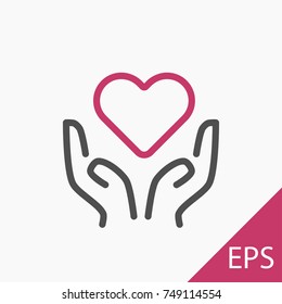 Hands with a heart icon on white background. Vector illustration