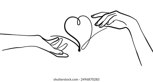 Hands with Heart  Line Art Drawing. Love Symbol One Line Print Minimal Art Drawing. Hands Couple Trendy Minimalist Illustration. Vector EPS 10	