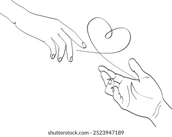 Hands with heart line drawing. Love symbol one line print minimalist drawing. Hands couple fashion minimalist illustration. Hand drawn.
