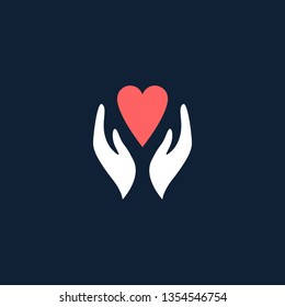 Hands with heart logo. Love, care, sharing, charity, medicine symbol. Valentines day logotype. Abstract medical health logo. Foundation logotype.