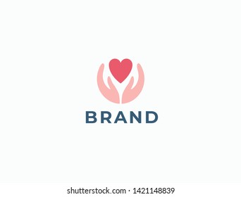 Hands With Heart Logo. Love, Care, Sharing, Charity, Medicine Symbol. Valentines Day Logotype. Abstract Medical Health Logo. Foundation Logotype.