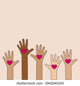 Hands up with heart love. Heart care. Volunteer. Help, charity and love concept. Vector concept raising hands.