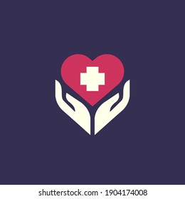 Hands + Heart + Medical Cross Logo.  Abstract Medical Health Logotype.