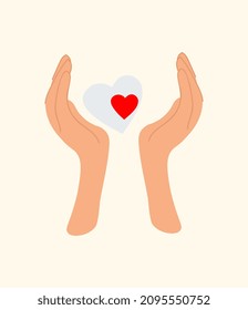 Hands and heart. Metaphor of love and care. Stylish stickers for social networks. Badges for childrens bags, decoration for website. Cartoon flat vector illustration isolated on beige background