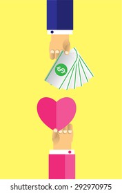 Hands with heart and money dollar coin. Exchanging concept. Flat design style. Vector illustration. Exchange between heart and money