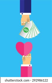 Hands with heart and money dollar coin. Exchanging concept. Flat design style. Vector illustration. Exchange between heart and money