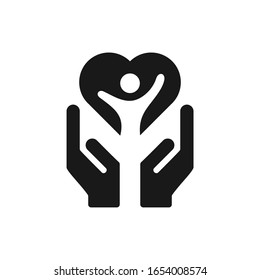 Hands and heart with negative space person icon design. Save the orphan symbol. Medical health care logo