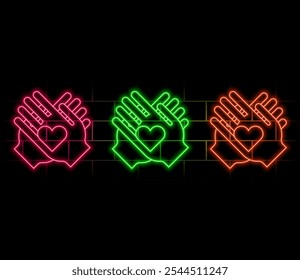 hands heart neon sign, modern glowing banner design, colorful modern design trends on black background.