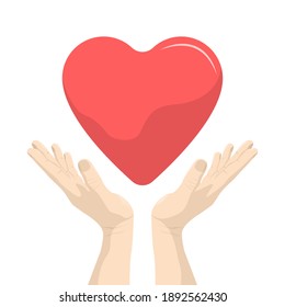 Manos y corazón sobre un fondo blanco. Símbolo de medicina, salud y atención. Día de San Valentín. Ilustración vectorial.