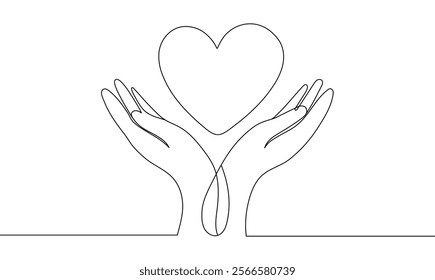 hands with heart one continuous line art style. vector illustration. editable line