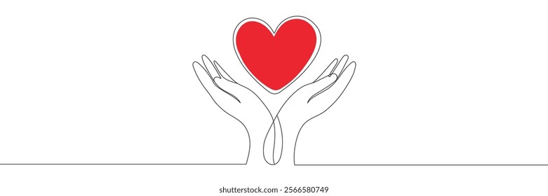 hands with heart one continuous line art style. vector illustration. editable line