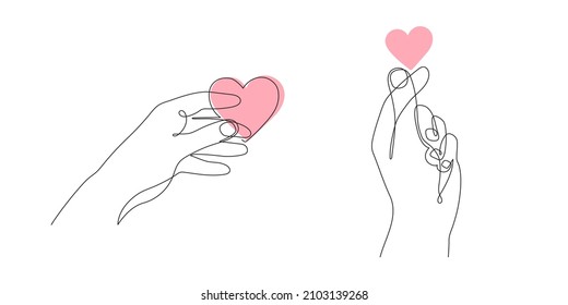 Manos con corazón, arte de una línea, contorno continuo, gesto dibujado a mano, símbolo de amor romántico. Decoración para el Día de San Valentín, palmeras y muñecas. Icono editable.Isolated.Vector ilustración