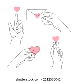 Hands with heart, one line art, continuous contour drawing, hand-drawn gesture, symbol of romantic love. Decoration for St. Valentine's Day,palm and wrist. Editable stroke.Isolated.Vector illustration