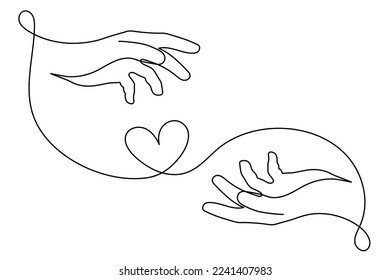 Hands with heart one line art, love concept continuous contour drawing, hand-drawn. Romance, engagement and marriage symbol. Editable stroke.Isolated.Vector illustration