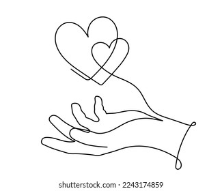 Hands with heart one line art, love concept continuous contour drawing, hand-drawn. Romance, engagement and marriage symbol. Editable stroke.Isolated.Vector illustration