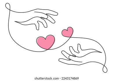 Hands with heart one line art, love concept continuous contour drawing, hand-drawn. Romance, engagement and marriage symbol. Editable stroke.Isolated.Vector illustration