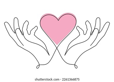 Hands with heart one line art, love concept continuous contour drawing, hand-drawn. Romance, engagement and marriage symbol, decoration for Valentine's day. Editable stroke.Isolated.Vector