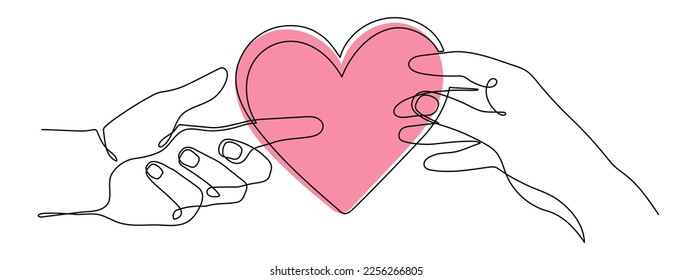 Hands with heart one line art,love concept continuous contour drawing,hand-drawn Valentine's day decoration.Romance, engagement and marriage symbol. Editable stroke.Isolated.Vector illustration