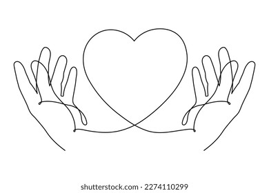 Hands with heart one line art,love concept continuous contour drawing,hand-drawn Valentine's day decoration.Romance, engagement and marriage symbol. Editable stroke.Isolated.Vector illustration