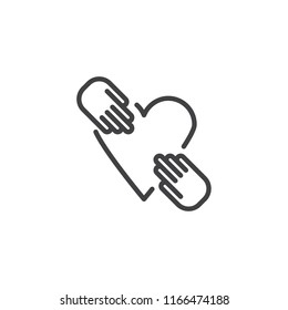 Hands and heart outline icon. linear style sign for mobile concept and web design. Charity hand simple line vector icon. Symbol, logo illustration. Pixel perfect vector graphics
