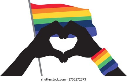 Hands Heart and rainbow Pride flag. Stylised hands making a heart with a pride flag in the background