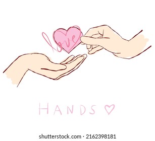 Manos con el vector del conjunto de doodle de forma cardíaca. Ilustración dibujada a mano.
