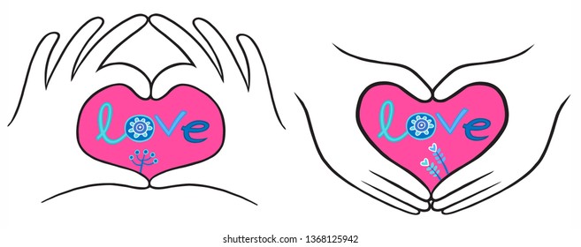 Hands in heart shape gesture symbol of love and romance. Love symbol concept. Hand heart gesture forms shape using fingers. The inscription "love" in a decorative style