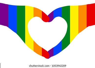 Hands in heart shape on white (transparent) background, painted rainbow color, symbol of LGBT / GLBT / LGBTQ pride flag, or lesbian, gay, bisexual, transgender, queer/questioning. Vector illustration.