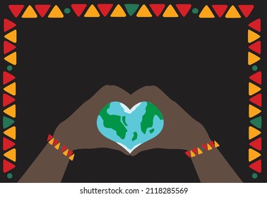 Hands with a Heart shaped Globe  with Tribal Motif Frame. Editable Clip Art.