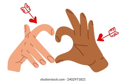 Hands with a heart sign, the designation I love you. Valentine's Day images, heart shapes with different hands. Arrows connecting two people. A variety of hands. Halves with different hands