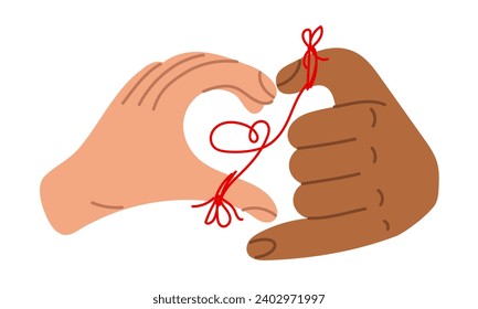 Hands with a heart sign, the designation I love you. Valentine's Day images, heart shapes with different hands. A thread connecting two people. A variety of hands. Halves with different hands