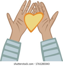 Manos con corazón. Ilustración vectorial del corazón en las manos. Logotipo plano de leaner.Caricatura que da corazón. Dale calor y amor. Día de San Valentín