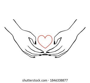 Hands and heart vector illustration isolated on white background.