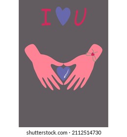 Manos con corazón. Imagen vectorial al estilo boho. día de San Valentín. Una tarjeta de saludo con una declaración de amor.