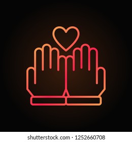 Hands and heart vector outline colored icon or sign on dark background