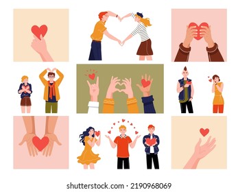 Hands with hearts. Cartoon support and charity concept with human hands and characters holding red hearts, charity and donation graphic. Vector isolated of charity heart support and love