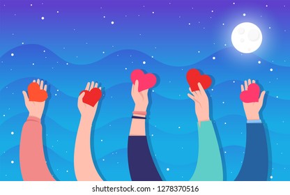 Hands with hearts. Charity and donation concept. Sharing love. Valentine's day. Cute simple design. Beautiful background, greeting card. Hand holding heart symbol. Flat style vector illustration.