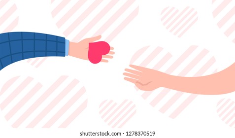 Hands with hearts. Charity and donation concept. Sharing love. Valentine's day. Cute simple design. Beautiful background, greeting card. Hand holding heart symbol. Flat style vector illustration.